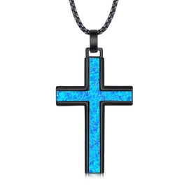 TwoAnts Black Cross Necklace Sterling Silver Blue Opal Cross Pendant Necklace Religious Cross Jewelry Gift for Women Men