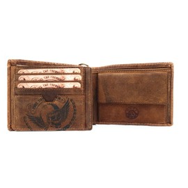 Jockey Club Genuine Leather Biker Wallet Horizontal Hunter Leather Wallet Skull Wing of Hell with 50 cm Chain and RFID Protection, brown, S, coin purse