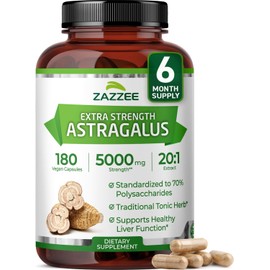 Zazzee Extra Strength Astragalus Root 20:1 Extract, 5000 mg Strength, 70% Polysaccharides, 180 Vegan Capsules, 6 Month Supply, 100% Vegetarian, Standardized and Concentrated 20X Extract, Non-GMO