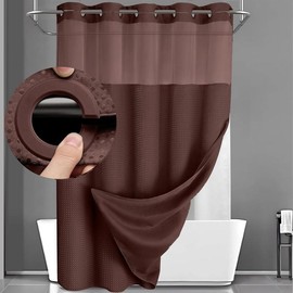 No Hook Shower Curtain with Snap in Liner Set Less Time Beige Waffle Shower Curtain for Bathroom 75" L x 72" W - Color: brown, Size: 75"L x 72"W