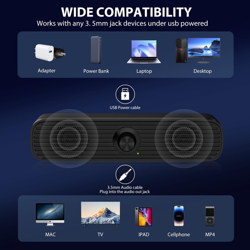 1Mii Computer Speakers for Desktop Laptop Tablet, USB Powered PC