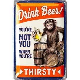 LANOLU Vintage Beer Sign - FUNNY DRINK BEER MONKEY - Beer Signs for man Cave, Metal Beer Signs, Funny Metal Bar Signs, Vintage beer signs - Embossed 12x8"