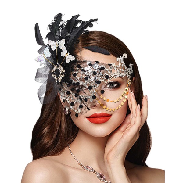 Campsis Masquerade Mask, Silver Masquerade Mask with Feathers, Party Venetian