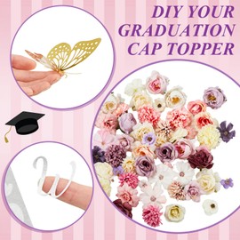 Hanaive 76 Pcs Handmade Graduation Cap Decoration Kit Includes 60 Pcs Assorted Flower Heads 12 Pcs 3D Butterflies(Cute Color)