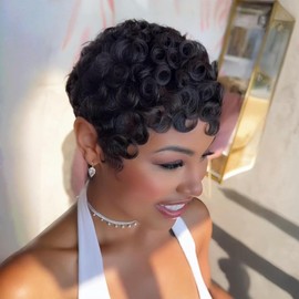 Tgezer Pixie Cut Wig Human Hair Short Curly Pixie Wigs for Black Women Human Hair Clueless wig with Bangs Short Black Wig Layered Curly Wigs Daily Wear Color 1B