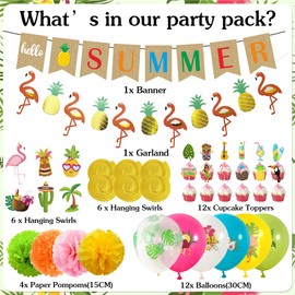 Summer Hawaiian Party Banner Decorations - Colorful Latex Balloons Decoration Set with Cupcake Topper, Tropical Hanging Swirls and Paper Pompoms for Beach Party Supplies