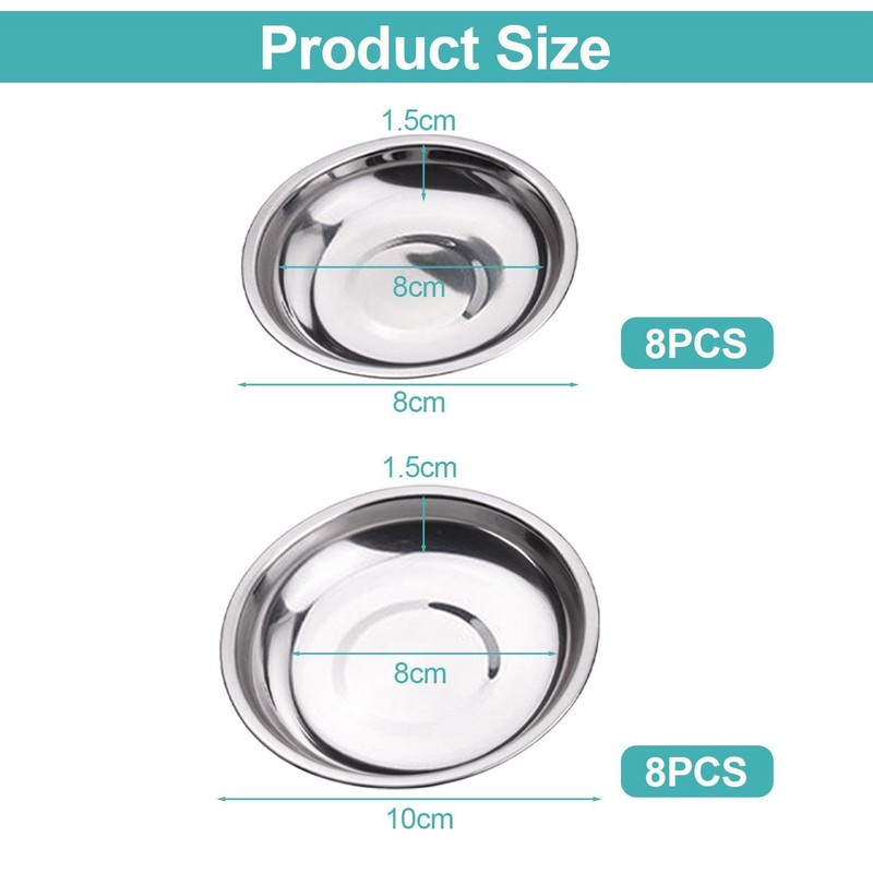 16 Pieces of Stainless Steel Small Plates, Dip Plates, Round