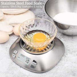 Digital Kitchen Scale with Removable Bowl 2.5L Volume, Electronic Stainless Steel Food Scale for Cooking Baking, Room Temperature, Alarm Timer, 12lb 5.5kg, Batteries Included