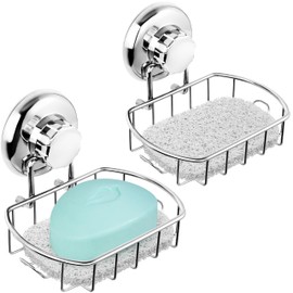 HASKO 2-Pack Suction Cup Soap Holder – Bar Soap Dish for Shower with Hooks for Bathroom – Optional Mounting with Adhesive Tape or Glue – Includes 2 Soap Savers – Polished Stainless Steel SS304