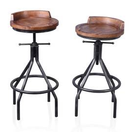 BOKKOLIK Set of 2 Industrial Bar Stools with Mini Backrest Swivel Wooden Seat Counter Height Adjustable 24.4-30.3inch Kitchen Dining Chair