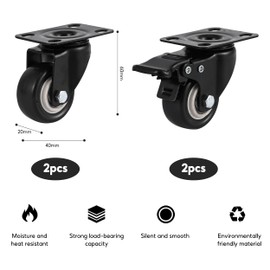 Heavy Duty Castor Wheels Set of 4 Furniture Castors, Black-Screws-40MM-150 kg Load Each, Rubbered Trolley Wheels Silent Caster Wheels for Furniture(2 with Brakes and 2 Without)