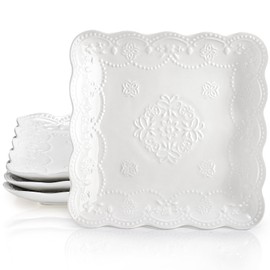 Tebery Set of 4 Square Embossed Ceramic Plate, 10 Inch Elegant Dinner Plates Ivory White, Appetizer Salad Serving Plates Kitchen Plates for Christmas Afternoon Tea Banquet Wedding Party Steak Pasta