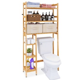 SMIBUY Over The Toilet Storage, Bamboo 6-Tier Bathroom Storage Shelf with Drawers, Freestanding Above Toilet Organizer Rack, Mass-Storage, Space Saver for Small Room (Natural)