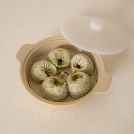 MOMOBIN Microwave Silicone Steamer Bowl with Basket – 29oz (850ml), 100% Food Grade Korean Silicone, BPA Free, Oven & Dishwasher Safe (Creme Brulee)