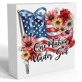 American Flag Coquette Bow Decor Memorial Day Fourth of July Independence Day Decoration Red White and Blue Decoration, Rustic Farmhouse Home Office Wooden Box Sign for Bathroom - One Nation Under God