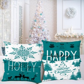 Miaikoe Teal Christmas Cushion Covers 30 x 50 cm Set of 4 Christmas Decorations Happy Holidays Holly Jolly Snowflake Merry Christmas Decor Throw Cushion Cover for Home Couch Sofa Deco