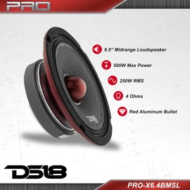 DS18 PRO-X6.4BMSL Slim Loudspeaker - 6.5", Midrange, Red Aluminum Bullet, 500W Max, 250W RMS, 4 Ohms - Premium Quality Audio Door Speakers for Car or Truck Stereo Sound System (1 Speaker)