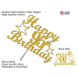 Decoración para tartas de cumpleaños de 95 años con purpurina dorada, ideas de decoración de fiesta, calidad premium, resistente purpurina de doble cara, palo de acrílico. Fabricado en Estados Unidos (95)