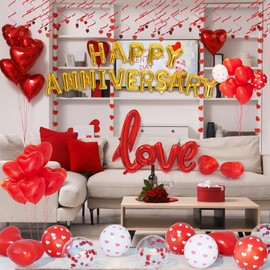 Bonropin Red Valentine's Day Balloons Kit, Anniversary Decorations with Happy Anniversary Banner, Heart Balloons, Rose Petals & Glue