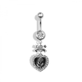 Pierced Owl 14GA 316L Stainless Steel CZ Crystal Ribbon and Lace Heart with Rose Dangling Belly Button Ring (Silver Tone)