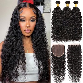 Borchan Water Wave Human Hair Bundles with Closure Free Part (24 26 28+22) Unprocessed 10A Water Curly Bundles Human Hair with 4x4 Lace Closure Natural Color