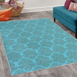 Lunarable Dusty Rose Decorative Rug, Antique Damask Motifs Ornate Victorian Feminine Pattern Old Fashioned Revival, Quality Carpet for Bedroom Dorm and Living Room, 4' X 5' 5", Sea Blue