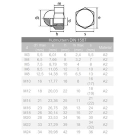 Acorn Nuts M20 DIN 1587 High Shape, Stainless Steel A2 (Pack of 2) - Hexagonal Acorn Nuts V2A