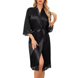 Sopesil Women's Satin Bathrobe Unisex Dressing Gown Silk Lightweight Kimono Bride V-Neck Dressing Gown for Spa Home and Hotel, black