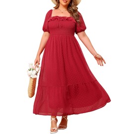Talisea Plus Size Red Dress Women Summer Boho Flowy Swiss Dot Smocked Square Neck Puff Sleeves A-Line Long Maxi Dress 2025