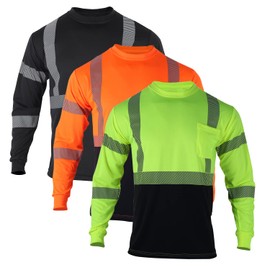 VENDACE 3 Pcs Safety T Shirts Reflective High Visibility Hi Vis Long Sleeve Construction Work Shirts for Men (Mixed,S)