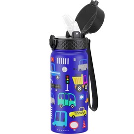 GOPPUS Kids Water Bottle (Straw Lid) - 18 Oz Stainless Steel Travel Bottle, Double Wall Vacuum Leak Proof Kids Cup for School Boys Girls,Blue engineering car