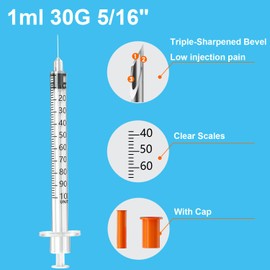 1ml/cc Syringes 30G 5/16" (8mm) , Disposable Syringe Individually Wrapped, Pack of 50