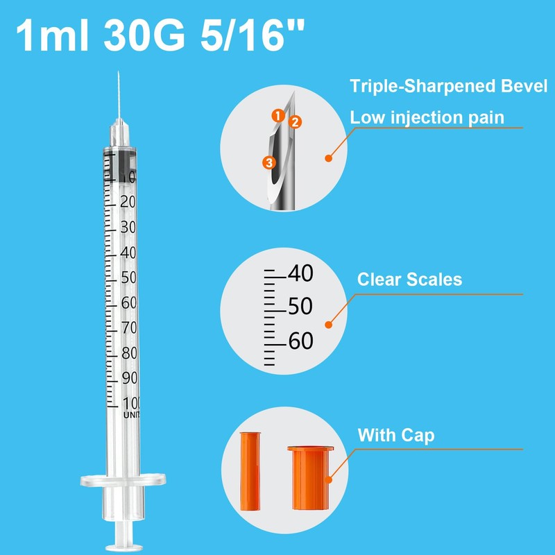 1ml/cc Syringes 30G 5/16" (8mm) , Disposable Syringe Individually Wrapped,