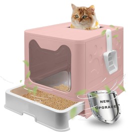 Helntova Cat Litter Box, Foldable Enclosed Cat Litter Box with Lid, Large Top Exit Design with Pull-Out Drawer & Scoop, Easy Clean Odor Control -Pink