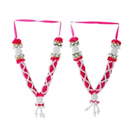 Set of 2 Mala Artificial Flowers Ribbon Garland with Beads for Idol-Mala for God Statues Accessories Pooja Sringar Articles Ornament for Indian Traditional Festival Decoration(Size:-6")(Pink)
