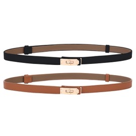 Women's Skinny Leather Belts Thin Waist Belt for Women with Turn Lock Buckle, Belts Woman Adjustable for Dresses and Jeans (Caramel+Black（2 pieces）, Waist Size Below 37 Inches)