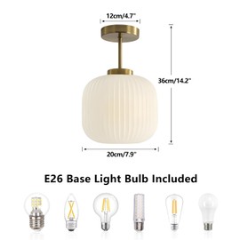 KCO Lighting Milk Glass Ceiling Light Fixture Ribbed Flush Mount Light Gold and White Flush Mount Ceiling Light Brass Globe Ceiling Light Frosted Glass Semi Flush Mount Ceiling Light
