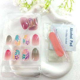 Short Press on Nails Round Fake Nails with Color Flower Grass Design Glue on Nails Red Green Gradient Nails Press ons Short Oval Acrylic Artificial Stick on Nail for Women 24Pcs