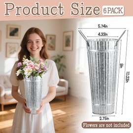 Galvanized Metal Vases for Flowers - 6 Pcs Farmhouse Tall Flower Bucket with Handles Rustic French Tin Planter Buckets for Centerpieces Floral Display Wedding Decor Balcony Garden Courtyard