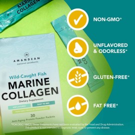 AMANDEAN Marine Collagen Peptides 30 Stick Packs, Wild Fish, Unflavored, Non‑GMO, 0 Carbs