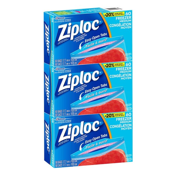 Ziploc Medium Quart Size (6.96" x7.40") Freezer Storage Bags Easy Open Tabs - 180 Bags, 3 PK x 60 Bags
