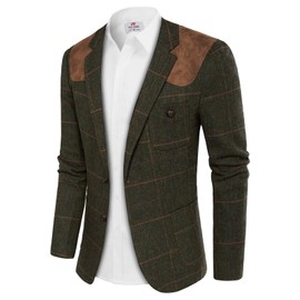 Men's Blazer Herringbone Tweed Sport Coats Two Button Wool Blend Formal Jacket Dark Green