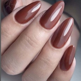 Brown Press On Nails Medium Almond Fake Nails Fall False Nails With Solid Color Design Full Cover Artificial Acrylic Nails Glossy Glue On Stick On Nail for Women Manicure 24pcs