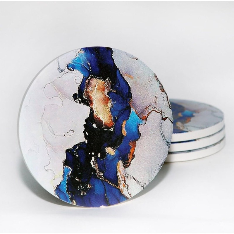 Set of 4 Ceramic Drink Coasters Blue White Gold Marble