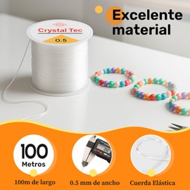 REKOBON Cuerda de Pulsera Elástica de 0,5 mm, Cordón de Hilo Elástico de Cristal para Hacer Pulseras de Joyería, Cordón Elástico Transparente con 2 Agujas de Abalorios para Cuentas de Semillas (100 m)