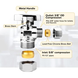 JEAPHA Toilet Shut Off Valve Angle Stop Valve Sink Stainless steel, Inlet 5/8 Inch Compression (1/2" Nominal), Outlet 3/8 Inch Compression, 4 Pack