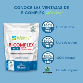 Wellthy Complejo B Cápsulas 120 porciones. Reforzado con Biotina y Glutamina. VCaps Cápsulas veganas, Bottle Free.