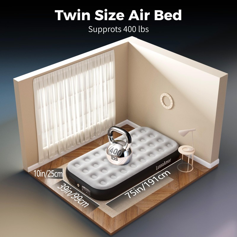 LussoAmor Twin Size 10 Inch Air Mattress with 4000mAh Rechargeable
