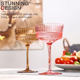 Physkoa Vintage Colored Coupe Glasses 9.3 oz Art Deco Coupe Glasses Set of 6-Crystal Martini Cocktail Glasses-Vintage Cocktail Glasses Set-Classic Colored Coupe Glasses-Long Stem Glassware