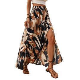 GORGLITTER Women's Skirt Summer Printed Maxi Skirt Bohemian Summer Skirt A Line Long Skirts with Slit High Waist Holiday Skirt Elegant Casual Skirt, brown, M